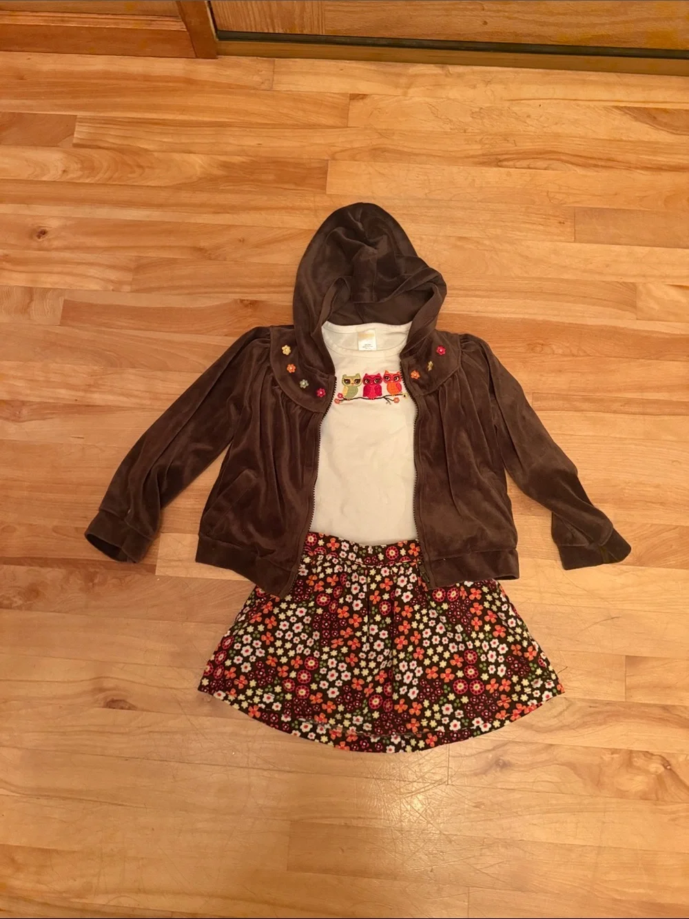 Gymboree Brown Hooded Jacket with Floral Skirt and White Tee